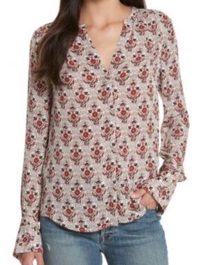 Joie Cream Floral Split-Neck Long Sleeve Blouse